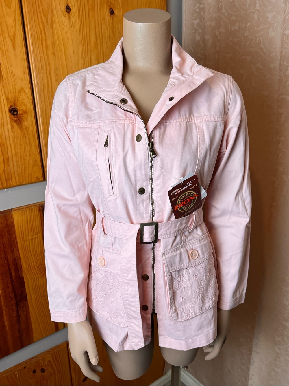 ERONS Light Pink Belted Button-Up Fall Cotton Utility Jacket - Sz S